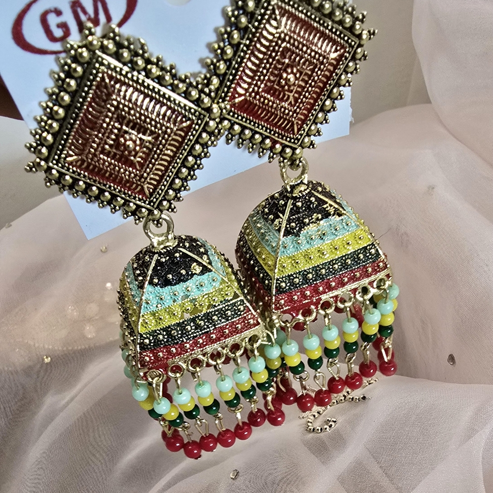 Gold and Red Ornate Square Stud Earrings